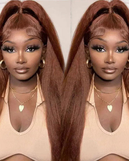 Junoda Reddish Brown Kinky Straight Jerry Curly 13x4 Lace Front Wig Human Hair Flash Sale junoda