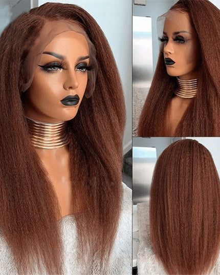 Junoda Reddish Brown Kinky Straight Jerry Curly 13x4 Lace Front Wig Human Hair Flash Sale junoda