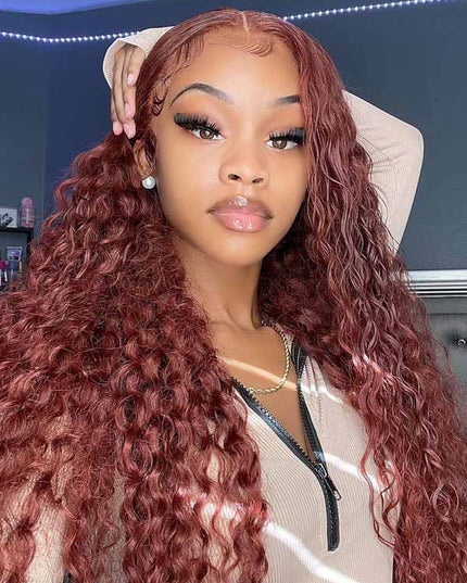 Junoda Reddish Brown Water Wave Wig Auburn Copper Red Color Human Hair 13x4 Lace Front Wig junoda