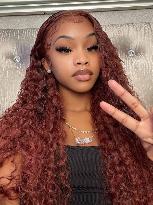 Junoda Auburn Water Wave HD Lace Front Wig Reddish Brown Colored Human Hair Wigs junoda