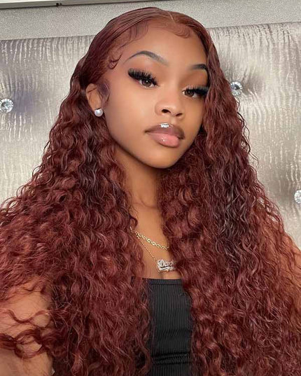 Junoda Reddish Brown Water Wave Wig Auburn Copper Red Color Human Hair 13x4 Lace Front Wig junoda