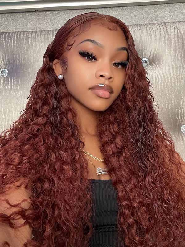 Junoda Auburn Water Wave HD Lace Front Wig Reddish Brown Colored Human Hair Wigs junoda
