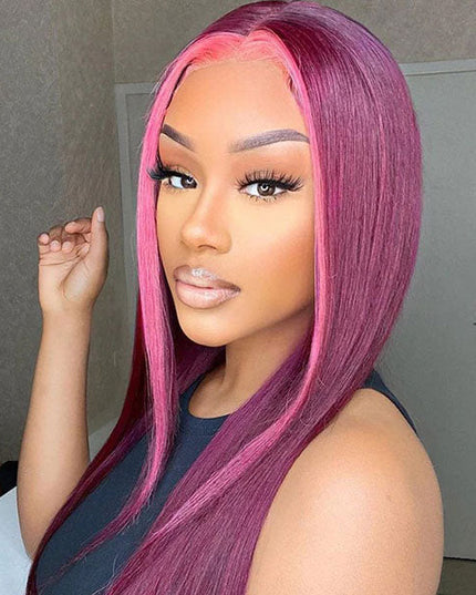 Junoda Rose Pink and 99j Burgundy Red Skunk Stripe Wig Highlight Straight Ombre Human Hair Wigs junoda