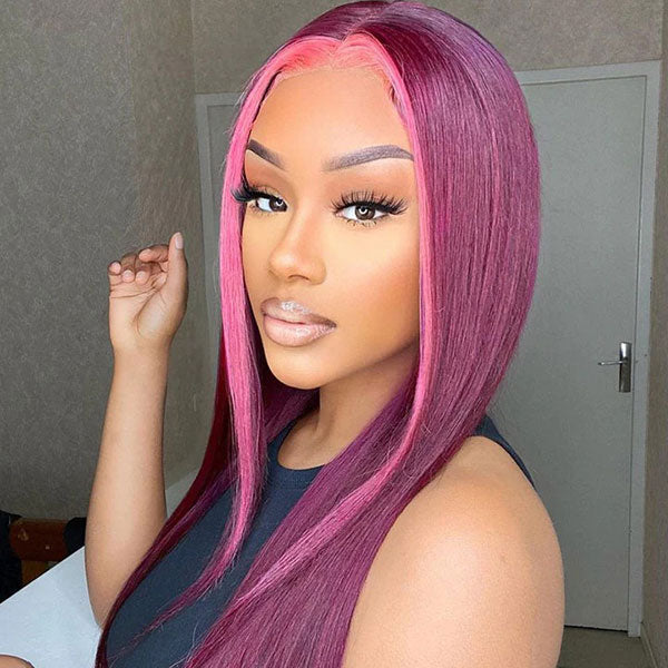 Junoda Rose Pink and 99j Burgundy Red Skunk Stripe Wig Highlight Straight Ombre Human Hair Wigs junoda