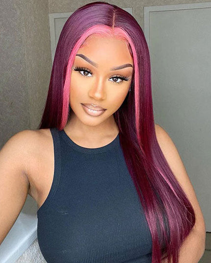 Junoda Rose Pink and 99j Burgundy Red Skunk Stripe Wig Highlight Straight Ombre Human Hair Wigs junoda
