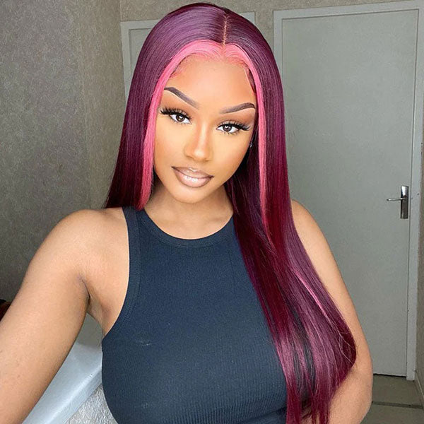 Junoda Rose Pink and 99j Burgundy Red Skunk Stripe Wig Highlight Straight Ombre Human Hair Wigs junoda
