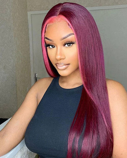 Junoda Rose Pink and 99j Burgundy Red Skunk Stripe Wig Highlight Straight Ombre Human Hair Wigs junoda
