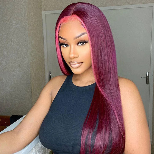 Junoda Rose Pink and 99j Burgundy Red Skunk Stripe Wig Highlight Straight Ombre Human Hair Wigs junoda