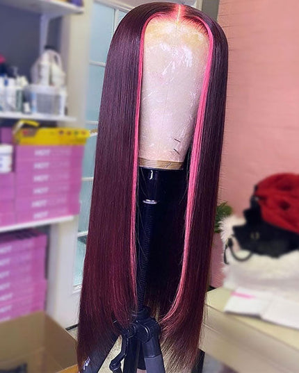 Junoda Rose Pink and 99j Burgundy Red Skunk Stripe Wig Highlight Straight Ombre Human Hair Wigs junoda