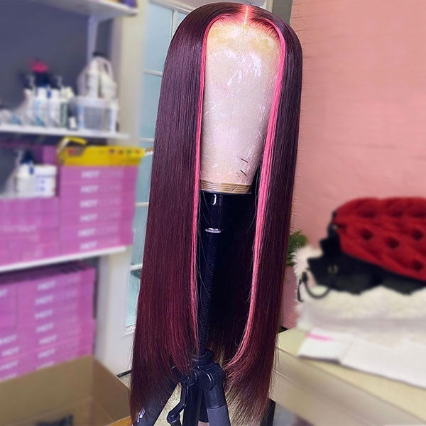 Junoda Rose Pink and 99j Burgundy Red Skunk Stripe Wig Highlight Straight Ombre Human Hair Wigs junoda