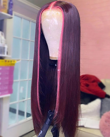Junoda Rose Pink and 99j Burgundy Red Skunk Stripe Wig Highlight Straight Ombre Human Hair Wigs junoda