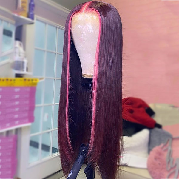 Junoda Rose Pink and 99j Burgundy Red Skunk Stripe Wig Highlight Straight Ombre Human Hair Wigs junoda