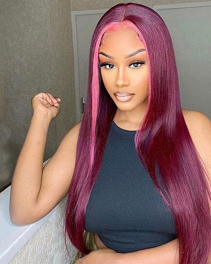 Junoda Rose Pink and 99j Burgundy Red Skunk Stripe Wig Highlight Straight Ombre Human Hair Wigs junoda