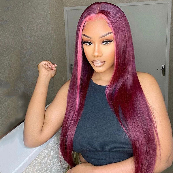 Junoda Rose Pink and 99j Burgundy Red Skunk Stripe Wig Highlight Straight Ombre Human Hair Wigs junoda