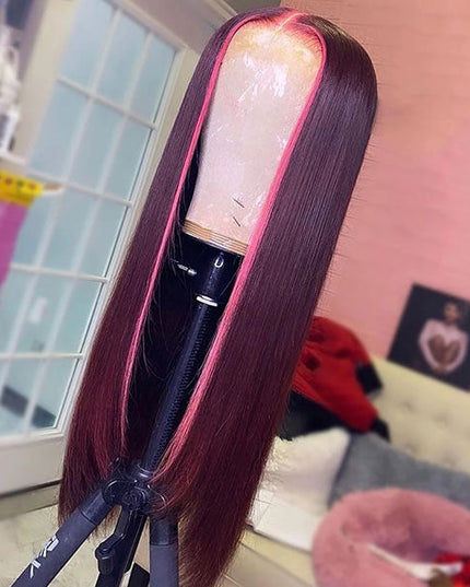 Junoda Rose Pink and 99j Burgundy Red Skunk Stripe Wig Highlight Straight Ombre Human Hair Wigs junoda