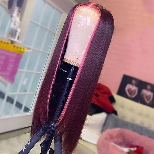 Junoda Rose Pink and 99j Burgundy Red Skunk Stripe Wig Highlight Straight Ombre Human Hair Wigs junoda