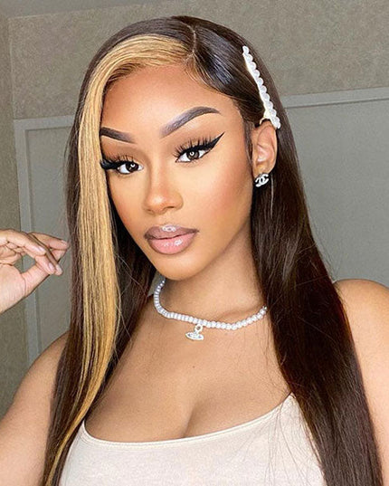 Junoda Skunk Stripe Blonde with Brown Hair Straight Human Hair Wigs Colored Lace Wig junoda