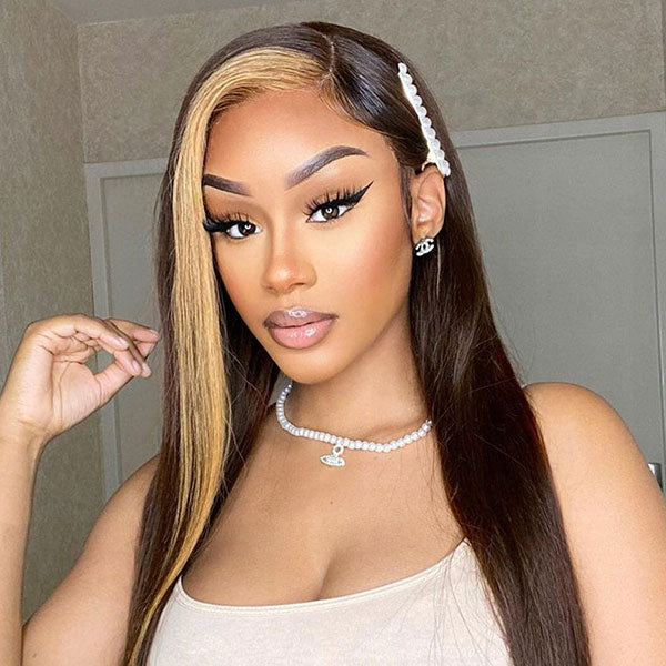 Junoda Skunk Stripe Blonde with Brown Hair Straight Human Hair Wigs Colored Lace Wig junoda