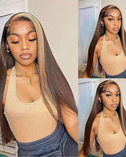 Junoda Skunk Stripe Blonde with Brown Hair Straight Human Hair Wigs Colored Lace Wig junoda