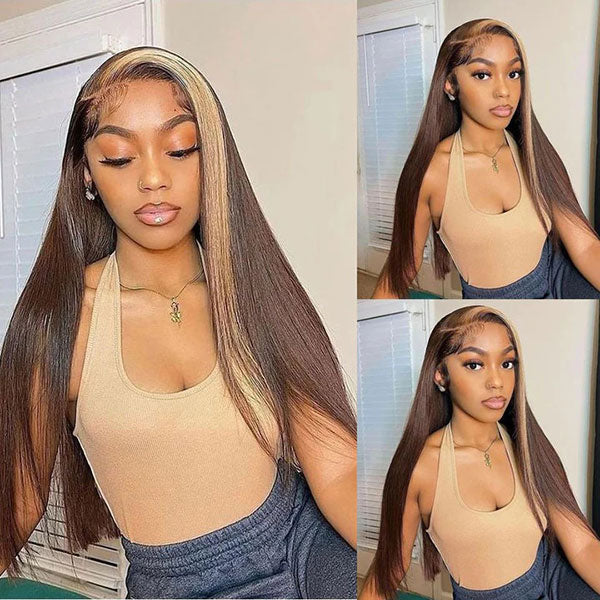 Junoda Skunk Stripe Blonde with Brown Hair Straight Human Hair Wigs Colored Lace Wig junoda