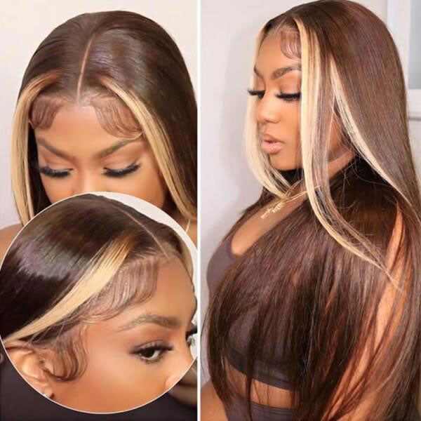 Junoda Skunk Stripe Blonde with Brown Hair Straight Human Hair Wigs Colored Lace Wig junoda