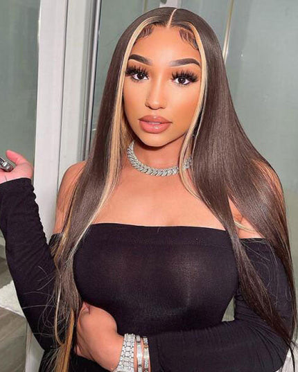 Junoda Skunk Stripe Blonde with Brown Hair Straight Human Hair Wigs Colored Lace Wig junoda