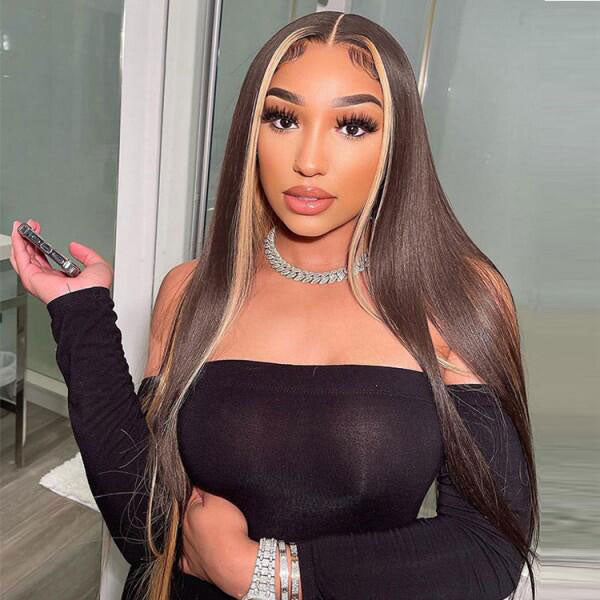 Junoda Skunk Stripe Blonde with Brown Hair Straight Human Hair Wigs Colored Lace Wig junoda