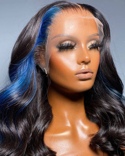 Junoda Skunk Stripe Blue Body Wave Human Hair Wigs 4x4 13x4 Transparent Lace Wig junoda