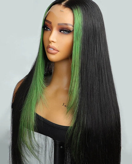 Junoda Skunk Stripe Green Black Straight Wig 180% Density Colored Human Hair Lace Wig junoda