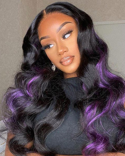 Junoda Skunk Stripe Purple with Black Hair 4x4 13x4 Lace Wig Body Wave Human Hair Wigs junoda