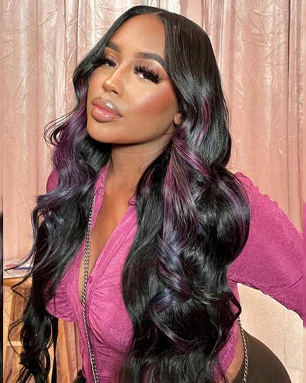 Junoda Skunk Stripe Purple with Black Hair 4x4 13x4 Lace Wig Body Wave Human Hair Wigs junoda