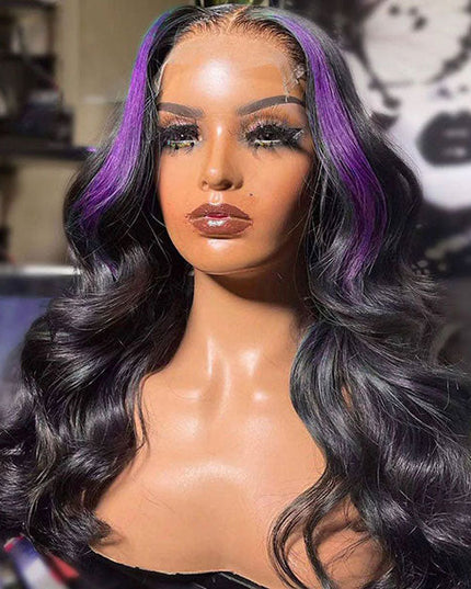 Junoda Skunk Stripe Purple with Black Hair 4x4 13x4 Lace Wig Body Wave Human Hair Wigs junoda