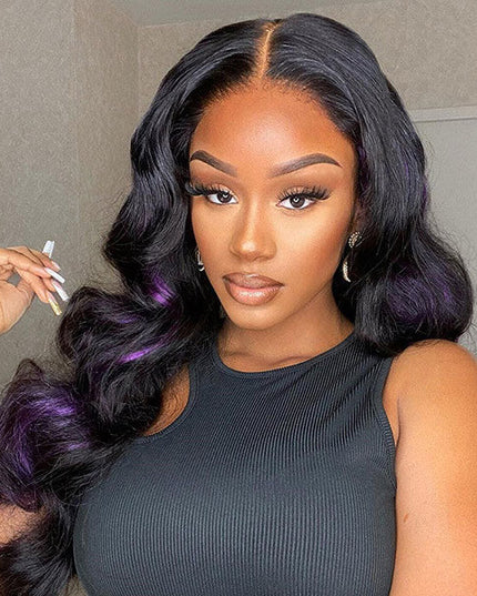 Junoda Skunk Stripe Purple with Black Hair 4x4 13x4 Lace Wig Body Wave Human Hair Wigs junoda