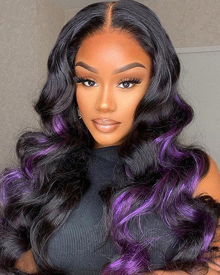 Junoda Skunk Stripe Purple with Black Hair 4x4 13x4 Lace Wig Body Wave Human Hair Wigs junoda