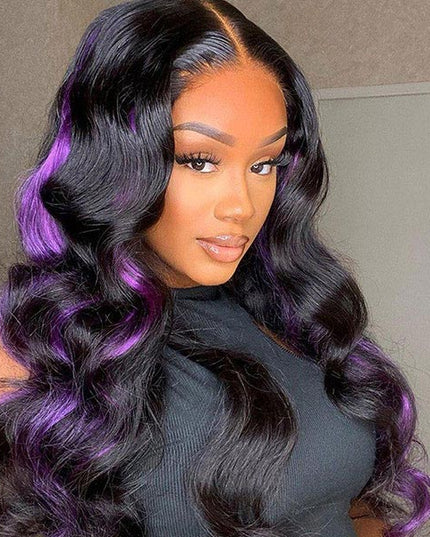 Junoda Skunk Stripe Purple with Black Hair 4x4 13x4 Lace Wig Body Wave Human Hair Wigs junoda