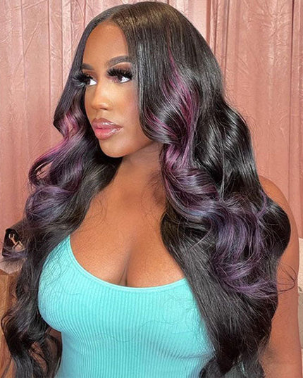 Junoda Skunk Stripe Purple with Black Hair 4x4 13x4 Lace Wig Body Wave Human Hair Wigs junoda