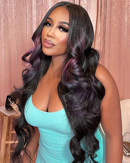 Junoda Skunk Stripe Purple with Black Hair 4x4 13x4 Lace Wig Body Wave Human Hair Wigs junoda