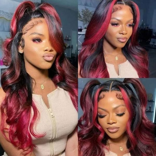 Junoda Spicy Red Wine Highlight Wig Loose Wave 13x4 Lace Front Human Hair Wigs junoda