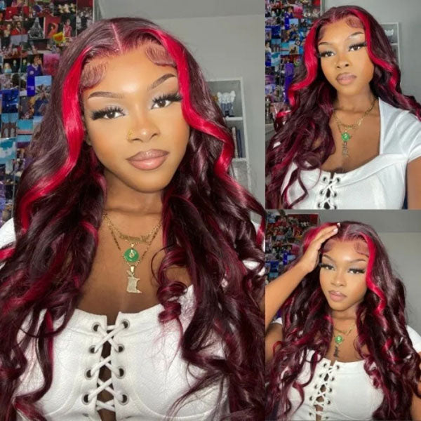 Junoda Spicy Red Wine Highlight Wig Loose Wave 13x4 Lace Front Human Hair Wigs junoda
