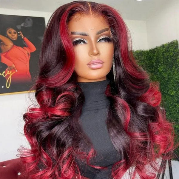 Junoda Spicy Red Wine Highlight Wig Loose Wave 13x4 Lace Front Human Hair Wigs junoda