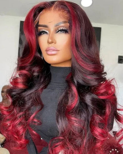 Junoda Spicy Red Wine Highlight Wig Loose Wave 13x4 Lace Front Human Hair Wigs junoda