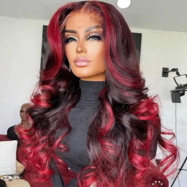 Junoda Spicy Red Wine Highlight Wig Loose Wave 13x4 Lace Front Human Hair Wigs junoda
