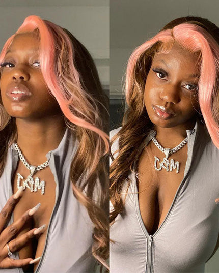 Junoda Strawberry Pink Chocolate Brown Skunk Stripe Wig Body Wave Human Hair Wigs junoda