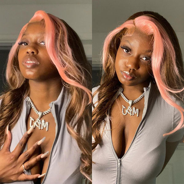Junoda Strawberry Pink Chocolate Brown Skunk Stripe Wig Body Wave Human Hair Wigs junoda