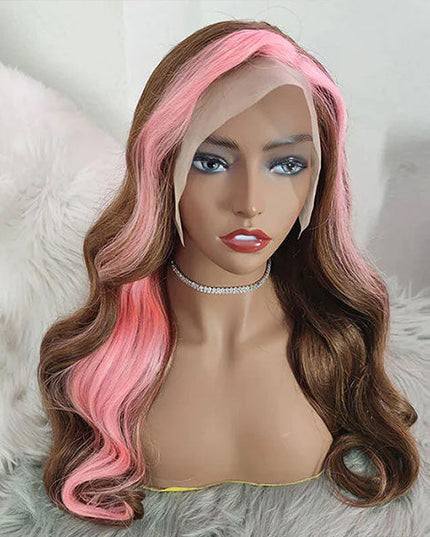 Junoda Strawberry Pink Chocolate Brown Skunk Stripe Wig Body Wave Human Hair Wigs junoda