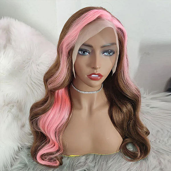 Junoda Strawberry Pink Chocolate Brown Skunk Stripe Wig Body Wave Human Hair Wigs junoda