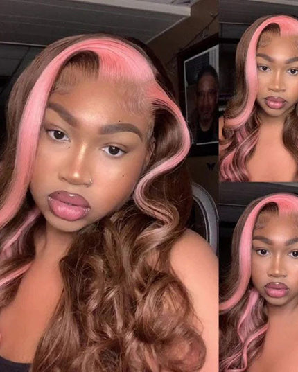 Junoda Strawberry Pink Chocolate Brown Skunk Stripe Wig Body Wave Human Hair Wigs junoda