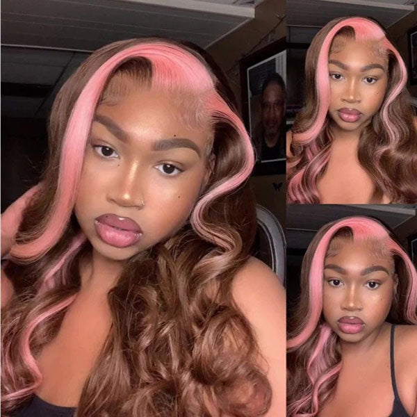 Junoda Strawberry Pink Chocolate Brown Skunk Stripe Wig Body Wave Human Hair Wigs junoda