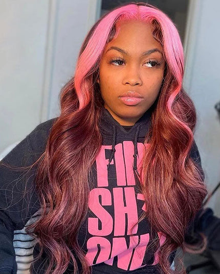 Junoda Strawberry Pink Chocolate Brown Skunk Stripe Wig Body Wave Human Hair Wigs junoda