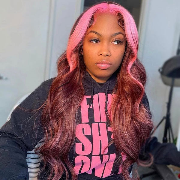 Junoda Strawberry Pink Chocolate Brown Skunk Stripe Wig Body Wave Human Hair Wigs junoda